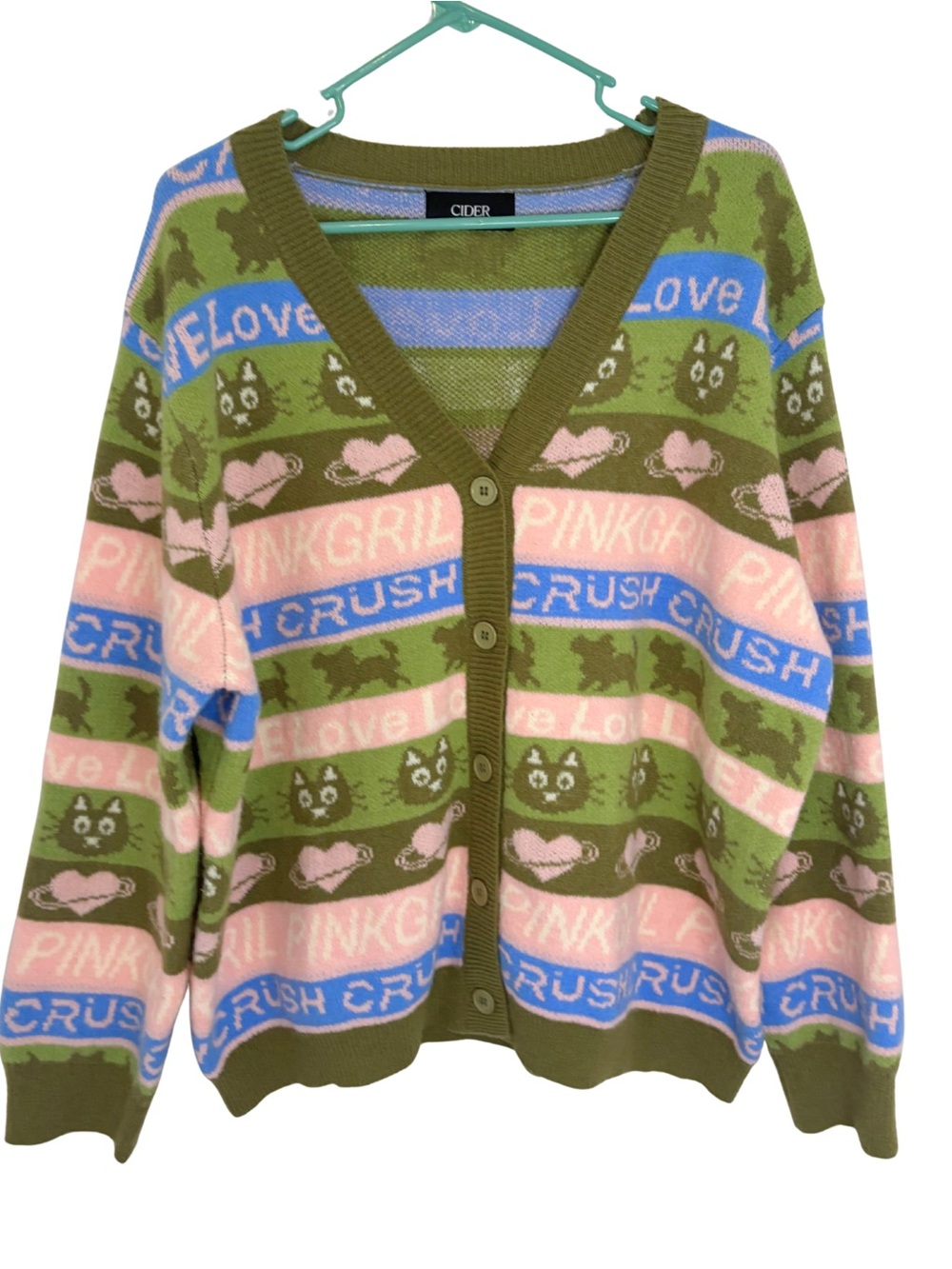 Cider Green Pink & Blue Cat Pinkgril Love Crush Long Sleeve V-Neck Cardigan